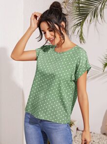 SHEIN LUNE Cuffed Sleeve Polka Dot Top - Green - View 5