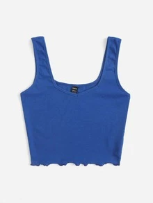 SHEIN Essnce Áo hai dây Xù nhỏ Gân đan màu trơn Giải trí - Màu xanh lam - Xem 3