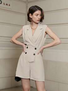 Solid Lapel Collar Double Breasted Romper - Beige - View 1