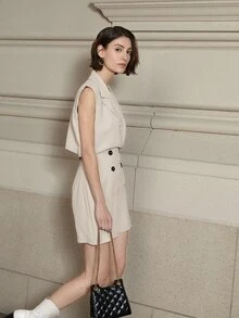 Solid Lapel Collar Double Breasted Romper - Beige - View 5