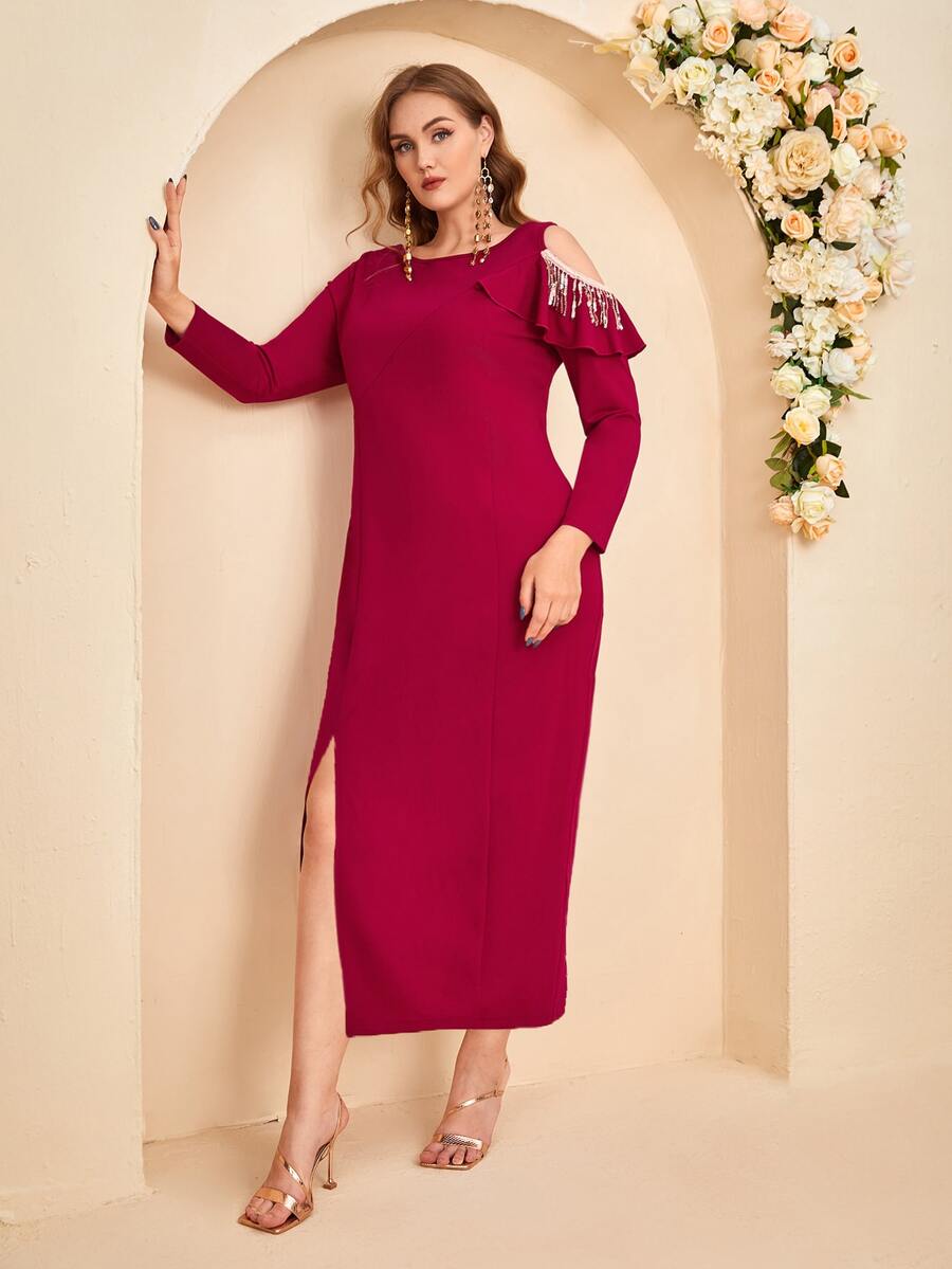 SHEIN 大碼挖肩亮片鏈條細節高衩連衣裙 - 酒紅色 - 查看 1