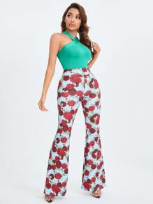 SHEIN PETITE 素色繞頸短上衣 - 綠色 - 查看 3