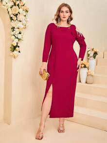 SHEIN 大碼挖肩亮片鏈條細節高衩連衣裙 - 酒紅色 - 查看 3