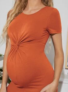 SHEIN Maternity Twist Front Solid Bodycon Dress - Orange - View 6