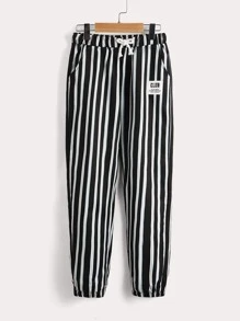 SHEIN 男孩條紋印花補丁細節錐形褲 - 黑與白 - 查看 1