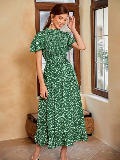 オールオーバープリント フリル裾 バタフライスリーブ シール キーホールバック ドレス