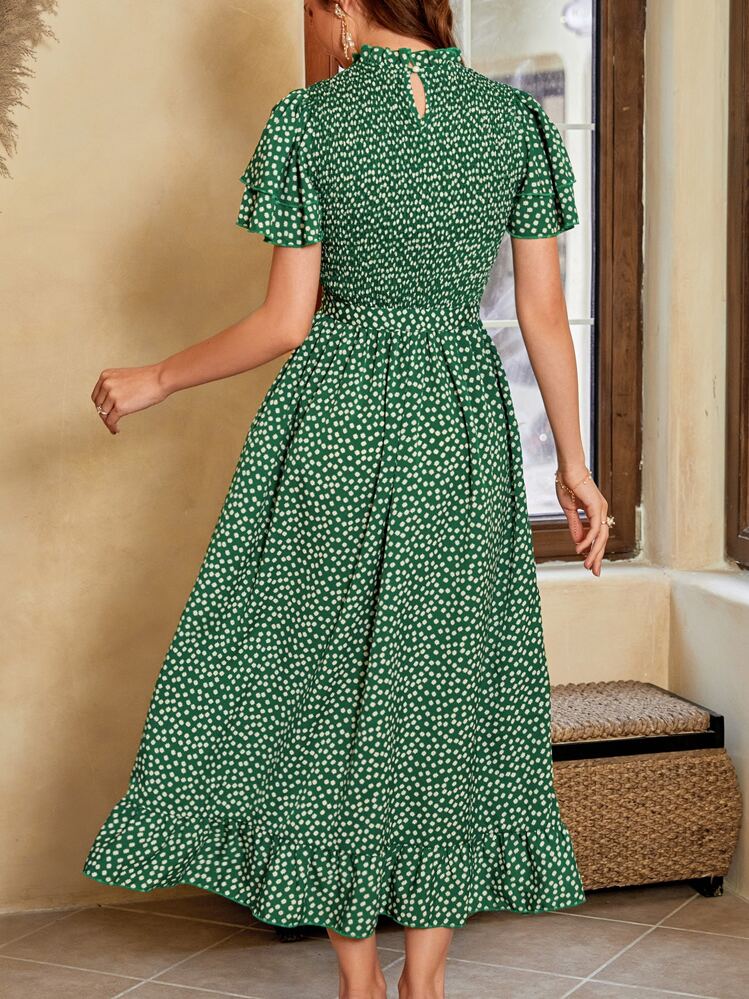 Mulvari Allover Print Ruffle Hem Butterfly Sleeve Shirred Keyhole Back Dress - Green - View 2