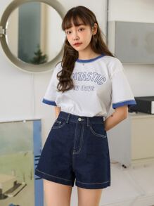 DAZY Solid Pocket Detail Denim Shorts - Dark Wash - View 3