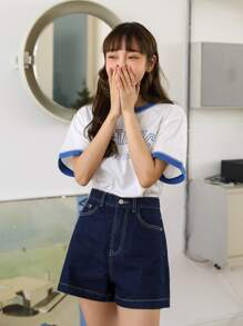 DAZY Solid Pocket Detail Denim Shorts - Dark Wash - View 4