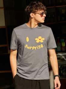 Hombres Camiseta con estampado floral con letra de cuello redondo - Gris - Ver 1