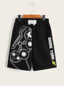SHEIN Niños Shorts con cordón con estampado de slogan - Negro - Ver 1