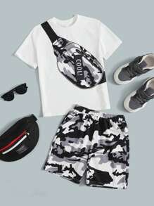 SHEIN Tween Boy Letter & Bag Print Tee And Camo Shorts Set - Multicolor - View 1