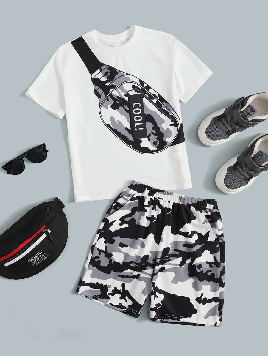 SHEIN Tween Boy Letter & Bag Print Tee And Camo Shorts Set - Multicolor - View 1