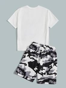 SHEIN Tween Boy Letter & Bag Print Tee And Camo Shorts Set - Multicolor - View 2