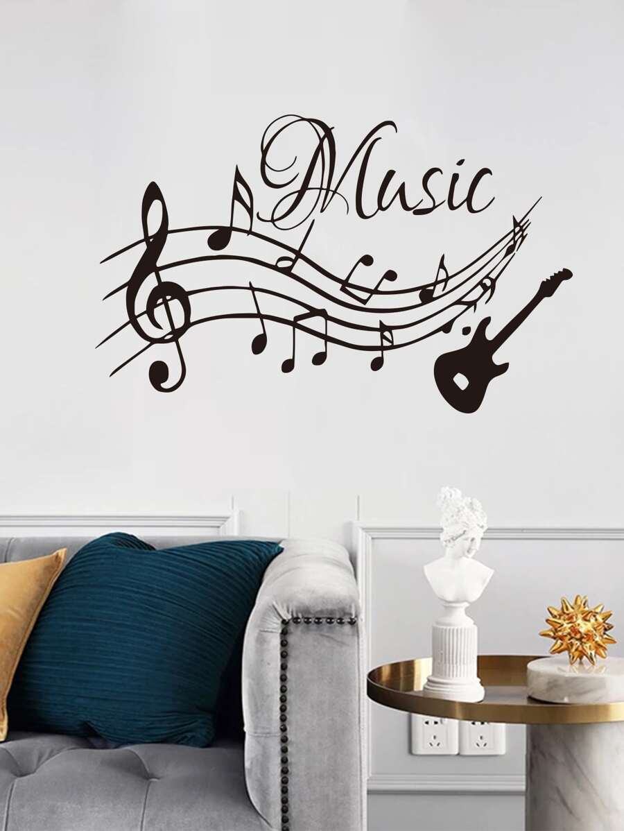1pc, Home Decoration Music Note Wall Sticker Wallpaper - Black - View 1