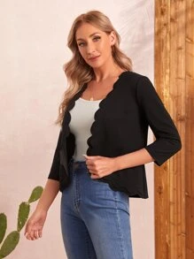 EMERY ROSE Scallop Trim Solid Jacket - Black - View 5