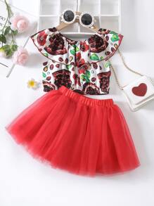 小女童石榴印花荷葉邊上衣和蓬蓬短裙 - 彩色 - 查看 1