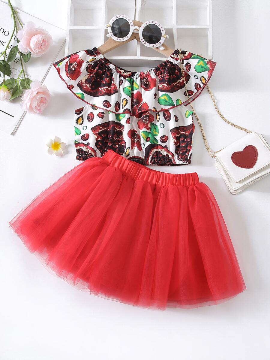 小女童石榴印花荷葉邊上衣和蓬蓬短裙 - 彩色 - 查看 1