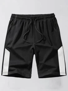 ROMWE MEN Guys Contrast Panel Drawstring Shorts - Black - View 1
