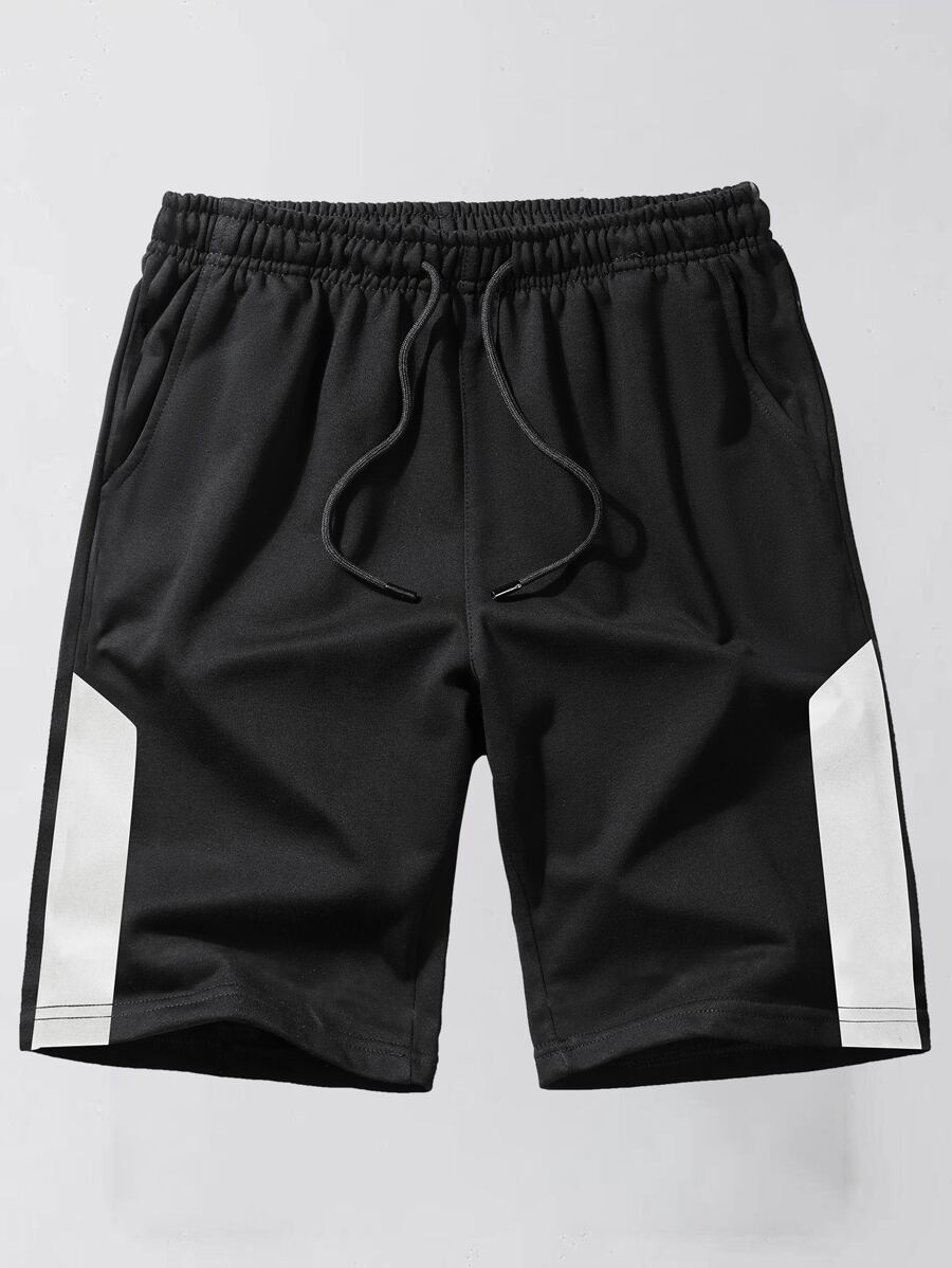 ROMWE MEN Guys Contrast Panel Drawstring Shorts - Black - View 1