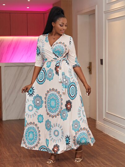 Astrid 大碼印花腰帶長連衣裙