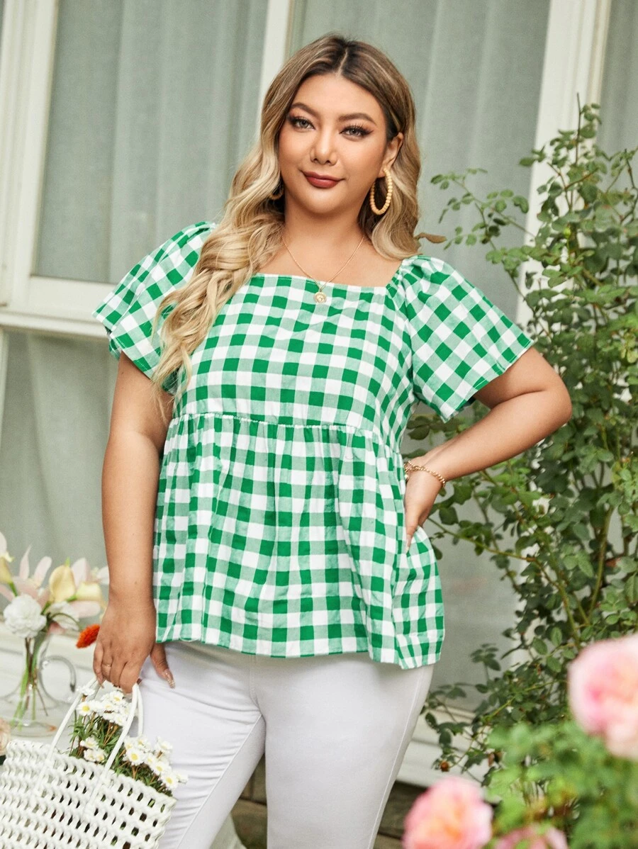 SHEIN VCAY Top con estampado de cuadros bajo con fruncido