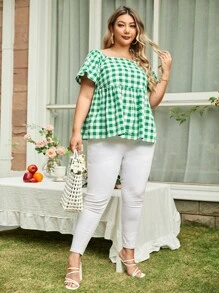 SHEIN VCAY Top con estampado de cuadros bajo con fruncido