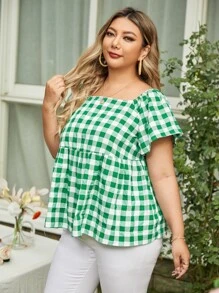 SHEIN VCAY Top con estampado de cuadros bajo con fruncido