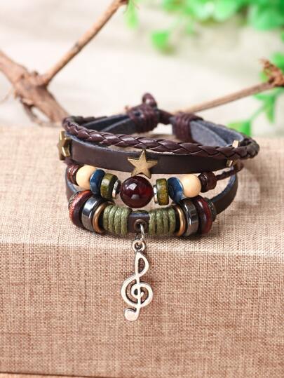 Bead & Star Decor Musical Note Charm Layered Bracelet