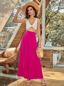SHEIN Holidaya High Waist Wide Leg Trousers - Hot Pink - View 3