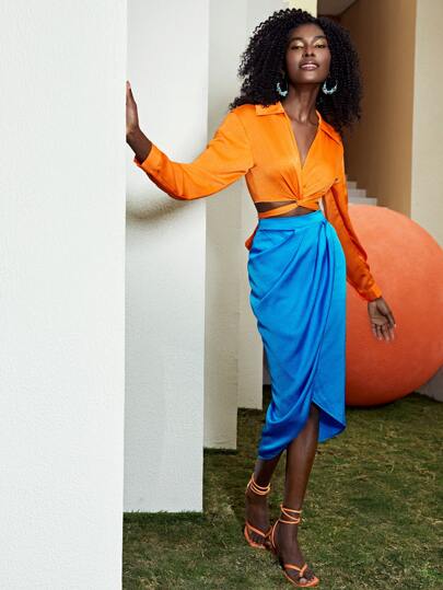 SHEIN Privé 素色圍裹細節半身裙