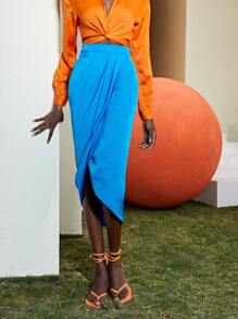 SHEIN Privé 素色圍裹細節半身裙 - 藍色 - 查看 6