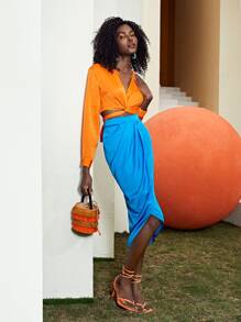 SHEIN Privé 素色圍裹細節半身裙 - 藍色 - 查看 5