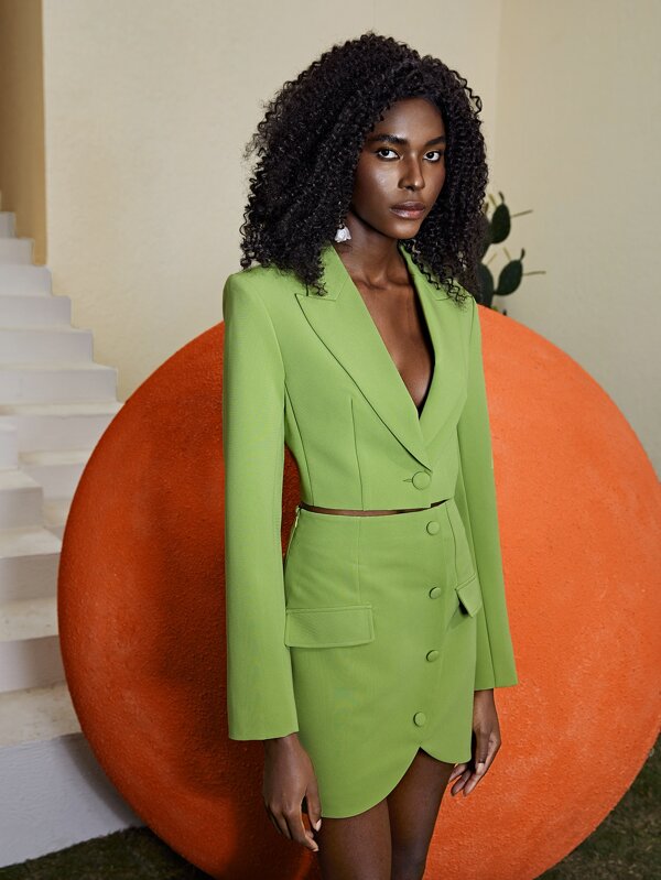 BizChic Peak Collar Button Front Crop Blazer Workwear