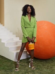 BizChic Peak Collar Button Front Crop Blazer Workwear - Lime Green - View 3