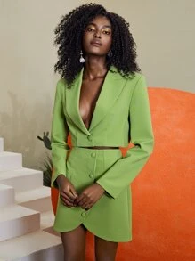 BizChic Peak Collar Button Front Crop Blazer Workwear - Lime Green - View 5