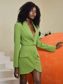 BizChic Peak Collar Button Front Crop Blazer Workwear - Lime Green - View 6