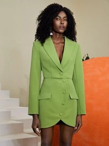 BizChic Peak Collar Button Front Crop Blazer Workwear - Lime Green - View 7