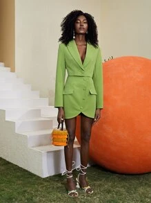 BizChic Peak Collar Button Front Crop Blazer Workwear - Lime Green - View 8