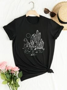 SHEIN LUNE Plus Cactus & Sun Print Tee - Black - View 1