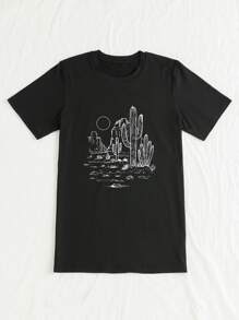 SHEIN LUNE Plus Cactus & Sun Print Tee - Black - View 3