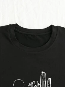 SHEIN LUNE Plus Cactus & Sun Print Tee - Black - View 5