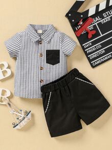 嬰兒豎條紋補丁貼口袋襯衫和短褲 - 彩色 - 查看 1