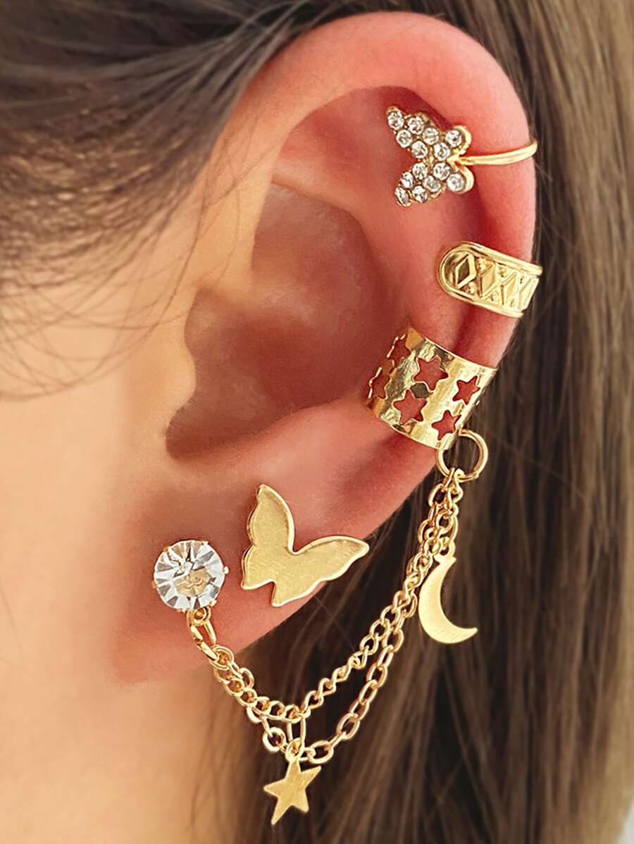 4 أزواج من أقراط مزينة بالراين بتصميم نجمة وفراشة