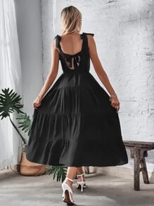 Đầm Lộ Lưng Thắt nút Viên lá sen màu trơn Gợi cảm - màu đen - Xem 2