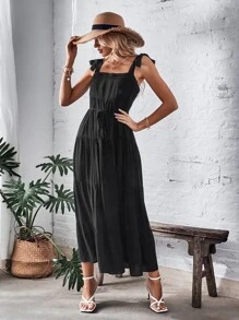 Đầm Lộ Lưng Thắt nút Viên lá sen màu trơn Gợi cảm - màu đen - Xem 4
