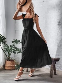 Đầm Lộ Lưng Thắt nút Viên lá sen màu trơn Gợi cảm - màu đen - Xem 5
