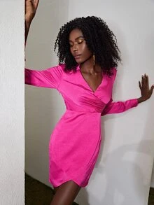 SHEIN Deep V Neck Wrap Dress - Hot Pink - View 5
