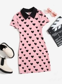 SHEIN Tween Girl Heart Print Contrast Collar Dress - Baby Pink - View 1