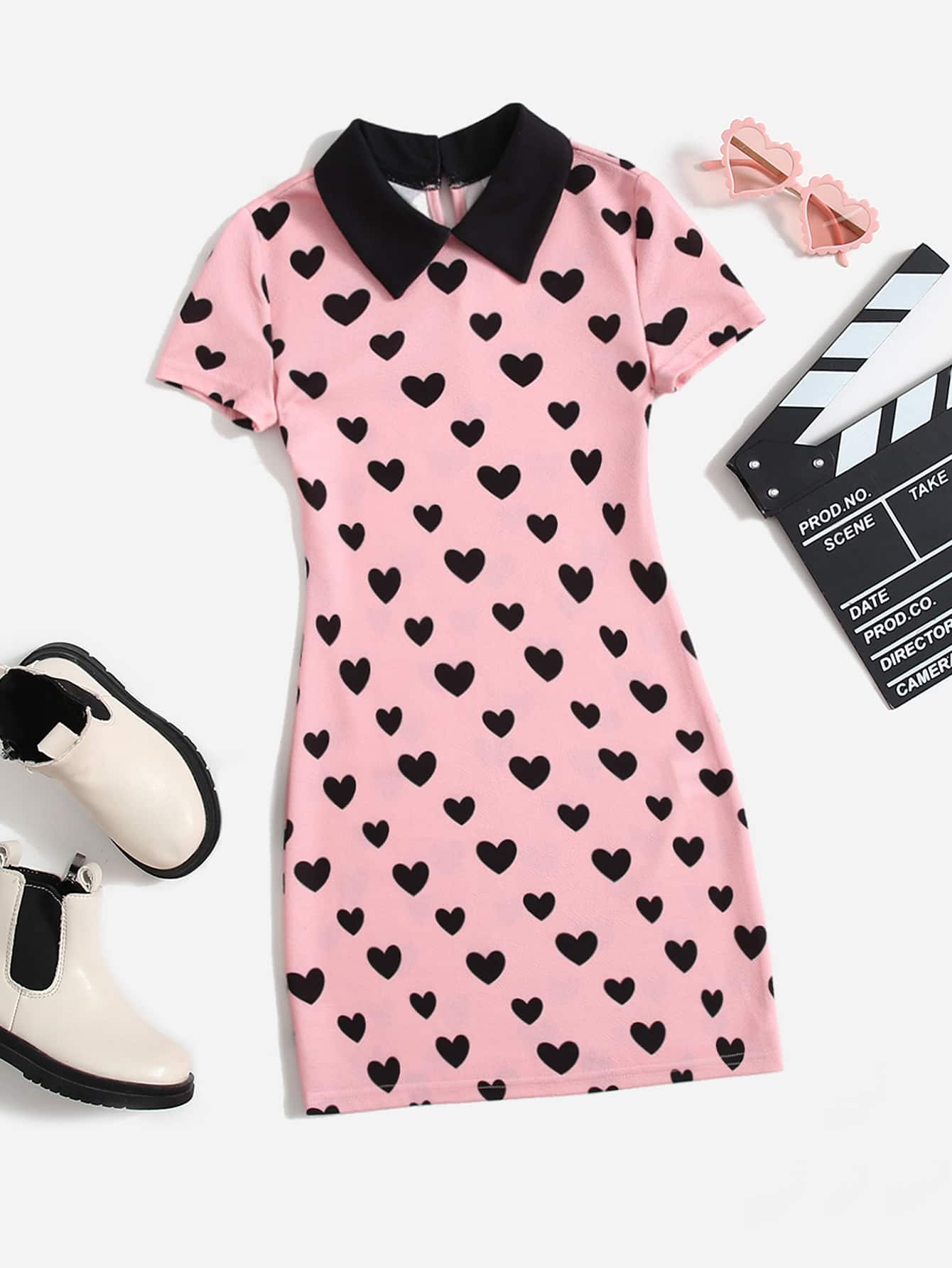 SHEIN Tween Girl Heart Print Contrast Collar Dress - Baby Pink - View 1